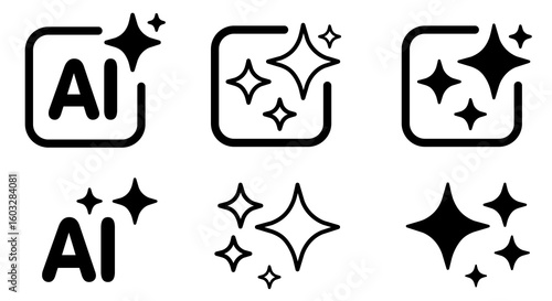 AI generate icons set. AI sparkle stars with square icon. Artificial intelligence technology and Machine learning concept. Generate symbol for application and web.