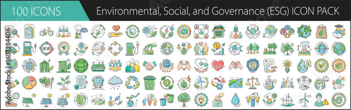 ESG Icon Pack with 100 Environmental, Social, and Governance Elements-A meaningful set of 100 cartoon-style ESG icons, featuring sustainability, equality, ethics, nature, and corporate responsibility 