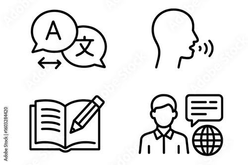 Language and Translation Icon Set - 4 Linear Style Outline Icons for Linguistics, Language Skills, Speech, Writing, Translator, Communication, Education, and Multilingual Concepts