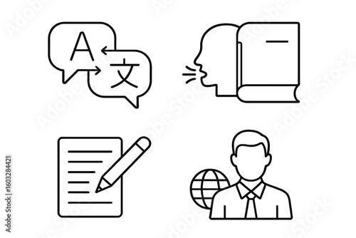 Language translation line icon set. Speech, writing, and linguistics symbols. Global communication and translator pictogram collection. Foreign language learning outline icons.