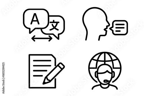 Language translation icon set. Line icons of speech, writing, and linguistics skills. Global translator and interpreter vector symbols. Communication and learning pictogram.