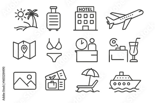 Travel and tourism line icon set. Vacation, holiday and trip concepts. Hotel stay, flight, cruise ship, and beach resort. Vector outline web icons for app and website.