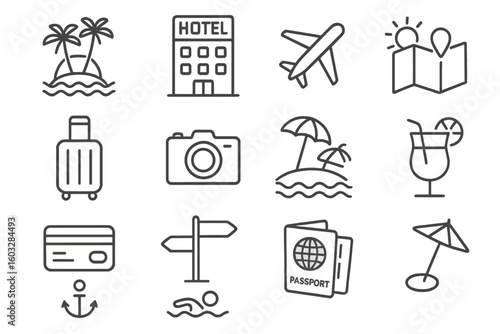 Big set of travel line icons. Summer vacation, tourism, and holiday symbols. Includes hotel, airplane, passport, beach, map, and camera. Vector outline style for web design.