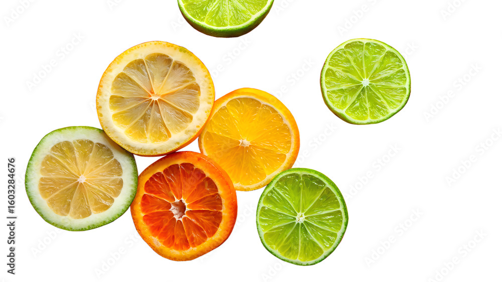 Fototapeta premium Photo of assortment of fresh citrus fruit slices including lemons limes and oranges artfully arranged on a clean transparent background for a refreshing look