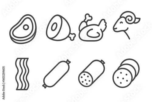 Meat and meat products icon set. Beef steak, pork ham, chicken, lamb, bacon, and sausage icons. Contour web pictograms in a linear style for a website and app. Vector outline.
