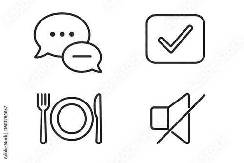 Set of universal line icons. Message, chat, dialogue bubbles. Approved, checkmark, complete task. Food, restaurant, dinner symbol. Mute, sound off, silent mode sign.