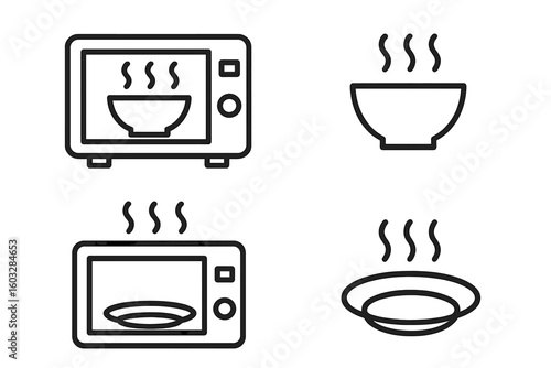 Microwave oven flat linear icons set. Symbols for microwave safe cookware and heating food. Kitchen appliance vector illustration for cooking and safety instructions.