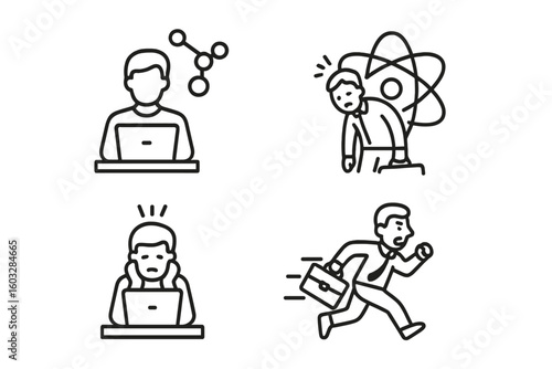 Workaholic and burnout outline icon set. Busy, tired and overworked employee concept. Rushed businessman, scientist stress and office work fatigue vector pictogram collection.