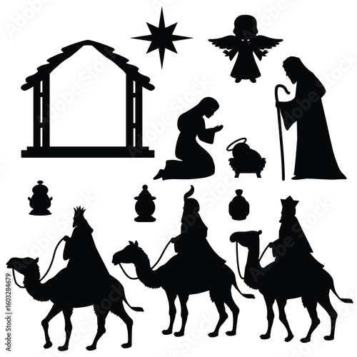 Nativity scene silhouette vector cartoon illustration