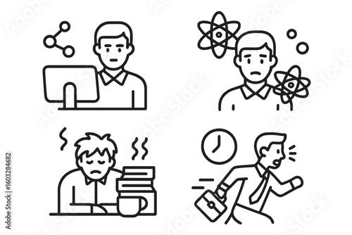 Workaholic and burnout outline icon collection. Conceptual pictograms of being busy, rushed, tired, and overworked. Business stress, deadline pressure, and mental fatigue.