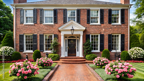 Elegant brick colonial home with lush landscaping and blooming hydrangeas on a sunny day