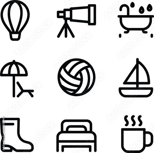 Collection of Travel and Lifestyle Icons Presenting a Wide Array of Activities and Leisure Options for Graphic Design and Web Use