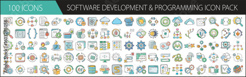 Software Development and Programming Icon Pack with 100 Tech Elements - A detailed collection of 100 cartoon-style software development icons, including coding, debugging, cloud, APIs, databases