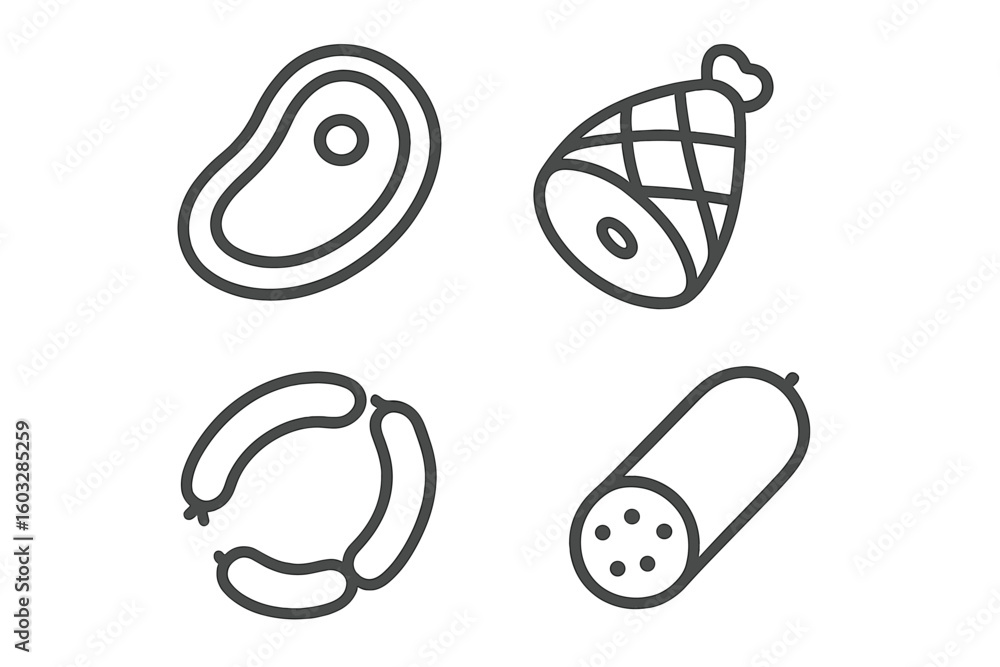 Meat icons collection. Simple thin line art set for butcher shop or grocery store. Includes beef steak, pork ham, sausage, and salami. Vector food illustration. Meat icons collection. Simple thin line art set for butcher shop or grocery store. Includes beef steak, pork ham, sausage, and salami. Vector food illustration.