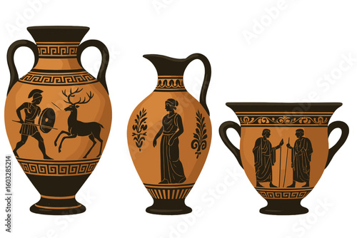 Set of ancient Greek vases. 3D vector illustration of antique pottery. Amphora, krater with mythological black-figure painting. Vintage historical decorative element.