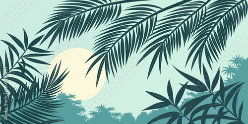 Sunny tropical beach with green palm trees and blue sky