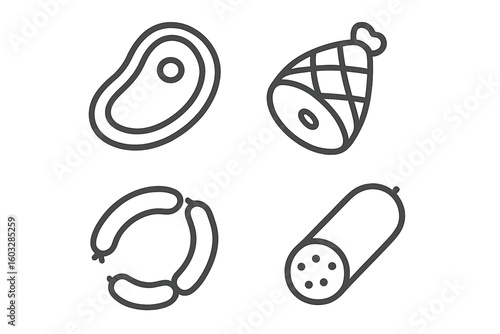 Meat icons collection. Simple thin line art set for butcher shop or grocery store. Includes beef steak, pork ham, sausage, and salami. Vector food illustration.
