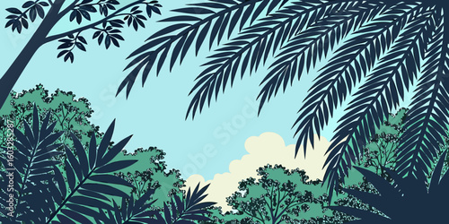 A vibrant tropical nature scene showcasing silhouetted palm trees against a summer sky with the sun