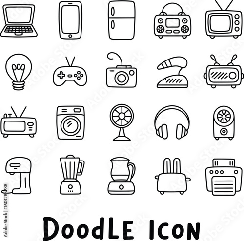 Hand Drawn Doodle Icon Set of Various Home Appliances and Gadgets Featuring Laptop Smartphone and Kitchen Utilities in Simple Line Art