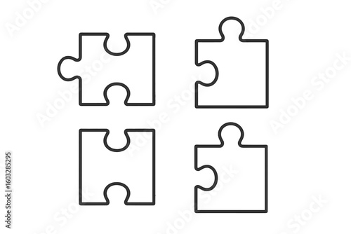 Jigsaw puzzle pieces icon set. Metaphor for teamwork, strategy, and problem-solving. Business solution, connection, and cooperation concept. Simple line art vector illustration.