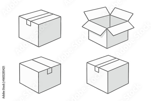Cardboard box vector icon set. Isometric shipping and delivery package illustration. Open and closed parcel for moving, storage, or logistics. Simple outline graphic element.
