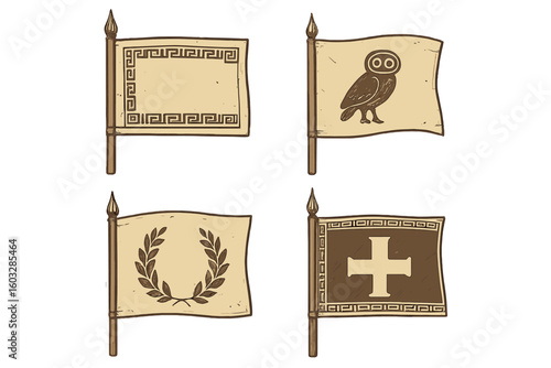 Set of ancient Greek flags vector illustration. Historical banners with classic symbols. Owl of Athena, laurel wreath, Greek key meander pattern. Mythology, history concept.