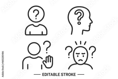 Question mark line icon set. Vector pictograms with editable stroke. Symbols for problem, confusion, asking, doubt, FAQ, help, and support. Psychology outline icons.
