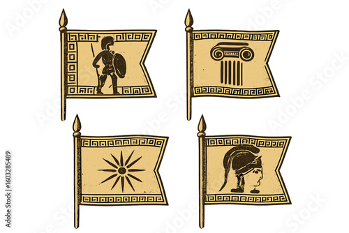 Ancient Greece vector icons set. Historical Greek and Roman banners with symbols. Spartan hoplite, Ionic pillar, Macedonian sun, Athena helmet. Mythology illustration.