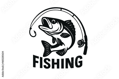 Fishing logo with bass and fishing rod. Vector icon for fisherman club. Angling sport hobby. Black and white largemouth bass fish symbol for tournament or team emblem.