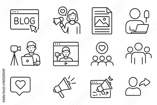 Blogging and influencer marketing thin line icon set. Blog, content creator, vlog, vlogger, followers, social media, community, and digital promotion outline vector symbols.