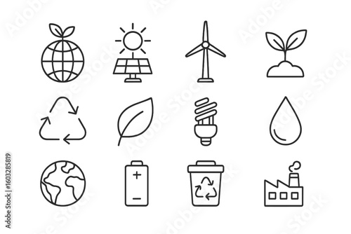 Environment and renewable energy thin line icons set. Green ecology, recycling, and sustainability symbols. Solar panel, wind turbine, planet earth, and leaf vector icons.