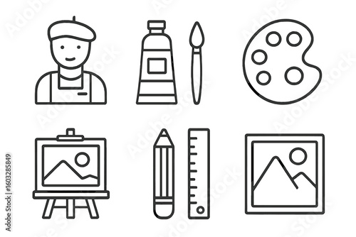Painting and drawing line icon set. Artist, brush, paint, palette, easel, canvas, pencil. Outline vector symbols for creative hobby, fine art, workshop, art school, gallery.