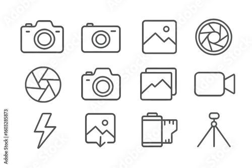 Photography and camera line icon set. Simple outline vector icons for web and mobile UI. Minimalist linear pictogram collection with shutter, aperture, film, flash, and tripod.