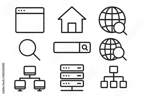 Web and internet line icon set for UI UX design. Concepts of browser, homepage, online search, computer network, server, database, hosting and sitemap. Editable stroke vector.