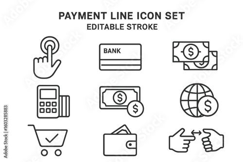 Payment line icon set with editable stroke. Thin outline vector symbols for finance, banking, and e-commerce. Includes cash, credit card, money transfer, and shopping icons.