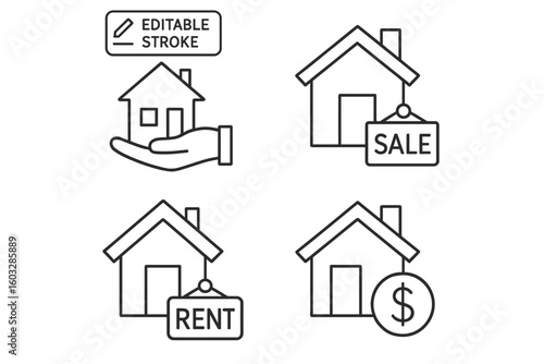 Real estate line icon set. Buying, selling, and renting a house. For sale and for rent signs. Mortgage, housing loan, and property investment vector concepts. Editable stroke.