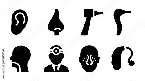 Set of ENT medical icons: ear, nose, throat, doctor, otoscope, hearing aid, silhouette.