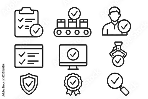 Quality control line icon set with symbols for quality check, production evaluation, testing, assurance, inspection, and verification in modern linear outline vector style
