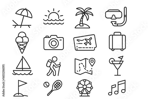 Summer vacation and travel line icon set. Recreation, holiday and entertainment symbols. Outline web icons for mobile app and website. Tourism, sport, and leisure pictograms.