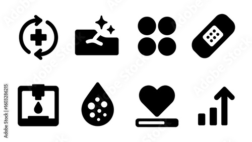 Set of regeneration and healing icons: recovery, wound, cells, bandage, blood test, heart, progress.