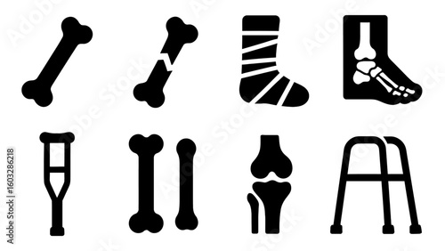 Set of bone injury icons: bone, broken bone, bandaged foot, X-ray, crutch, joint, walker.