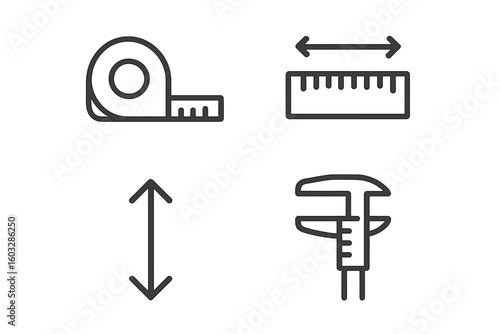 Measurement and dimension tools line icon set. Vector outline symbols for engineering, construction. Tape measure, ruler, caliper pictograms for size, length, width, height.