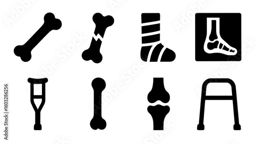 Set of bone injury icons: bone, broken bone, bandaged foot, X-ray, crutch, joint, walker.
