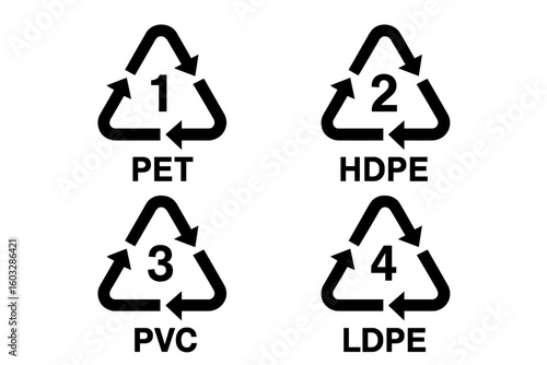 Plastic recycling symbols set. Resin identification code system. Industrial marking for packaging. PET, HDPE, PVC, LDPE signs. Vector icon for waste sorting and environment.