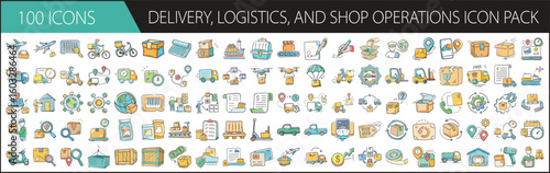 Delivery, Logistics, and Shop Operations Icon Pack with 100 Business Elements - A versatile set of 100 cartoon-style icons featuring delivery, shipping, logistics, packaging, and retail operations for