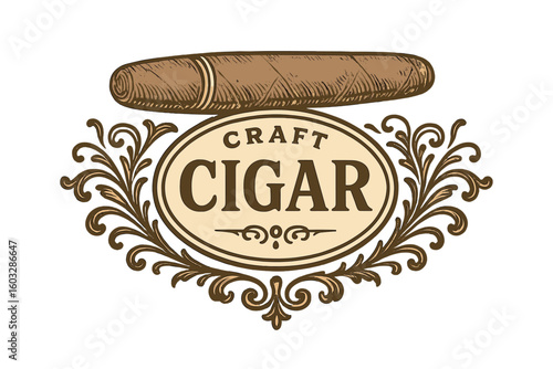 Vintage Cigar Label Design with Ornate Flourishes, Retro Tobacco, Hand-Drawn Craft Cigar Emblem, Elegant Classic Badge, Old-Fashioned Decorative Frame, Transparent Background Vector Art