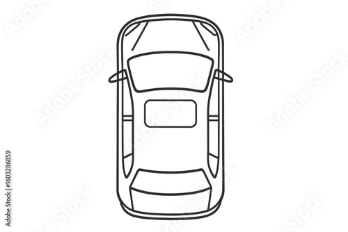 Top View Car Line Art. Black Outline Vehicle Drawing. Automobile Roof Silhouette Vector Illustration. Transparent Background. Automotive Isolated Design. Car Blueprint Graphic Resource.