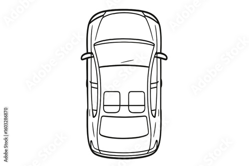 Top View Car Outline Vector, Black Line Modern Vehicle Blueprint, Transparent Background, Auto Design Draft, Technical Drawing, Urban Transportation, For App Interface, Print, Infographic
