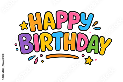 Happy Birthday lettering cartoon text. Colorful fun typography for kids party invitation or greeting card design. Vector illustration of a celebration quote isolated.