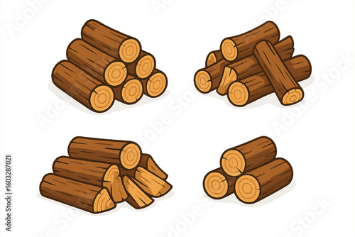 Set of Four Cartoon Firewood Pile Vector Illustrations, Stacked Wooden Logs, Lumber, Timber, Chopped Wood, Rustic Design, Campfire Materials, Natural Fuel, Transparent Background
